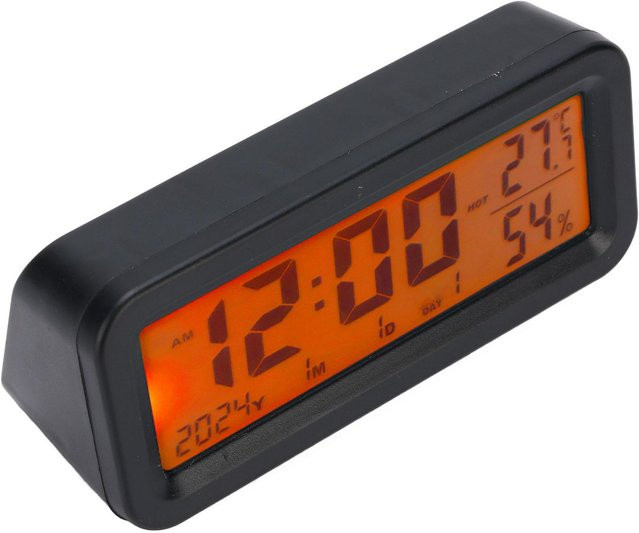 Elektronische Auto Armaturenbrett Uhr mit Kalender, Temperatur und Luftfeuchtigkeit, leuchtend mit Solarunterstützung, Orange/Schwarz - Bild 1