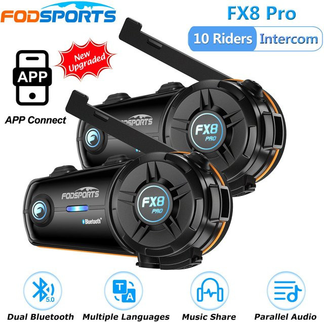 Fodsports FX8 Pro Motorradhelm-Headset mit Dual-Bluetooth-Intercom für bis zu 8 Fahrer in Schwarz - Bild 1