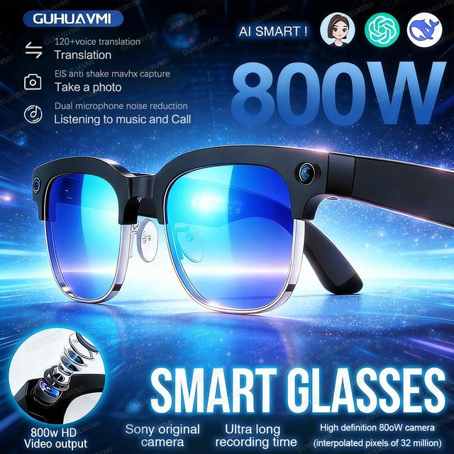 GUHUAVMI KI-Smart-Brille für Herren in Schwarz mit 800W HD-Kamera, Echtzeit-Sprachübersetzung und Anruffunktion für POV-Videoaufnahmen und Vlogs - Bild 1