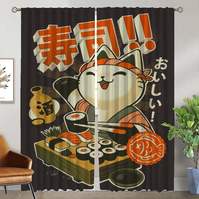 Sushi Katze Verdunkelungsvorhänge für Schlafzimmer und Innenräume, 2er-Set, Mehrfarbig, Breite: 50 cm, Höhe: 70 cm - Bild 1