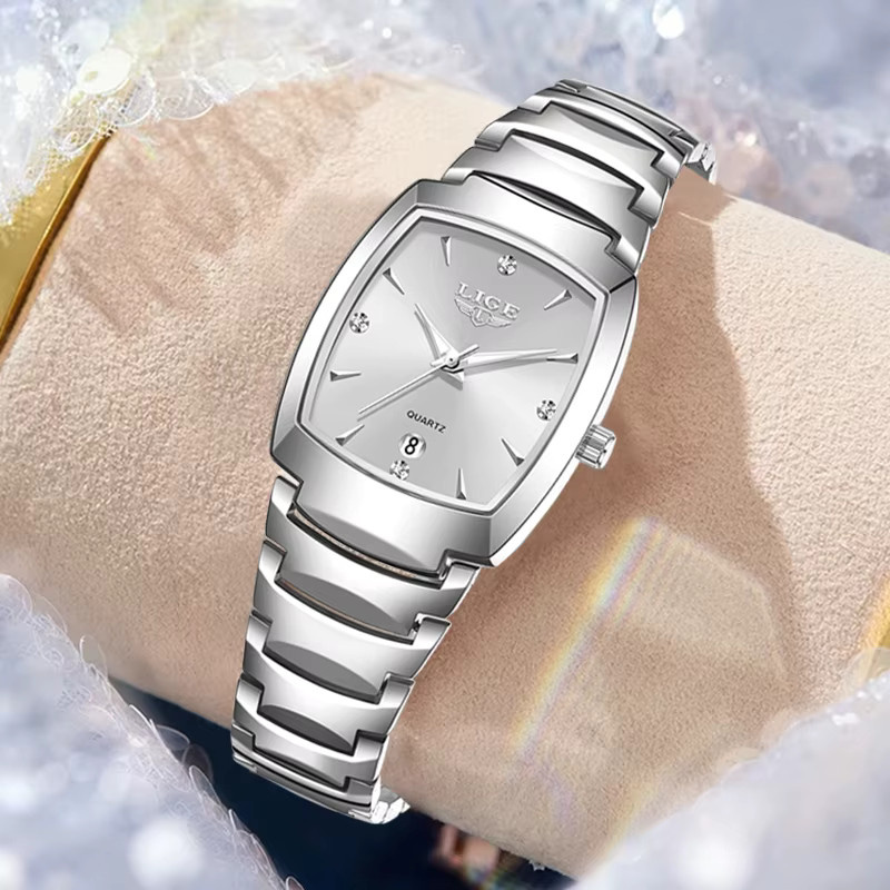LIGE Armbanduhr Quarz, Edelstahl, Silber, Tonneau, Damen - Bild 3