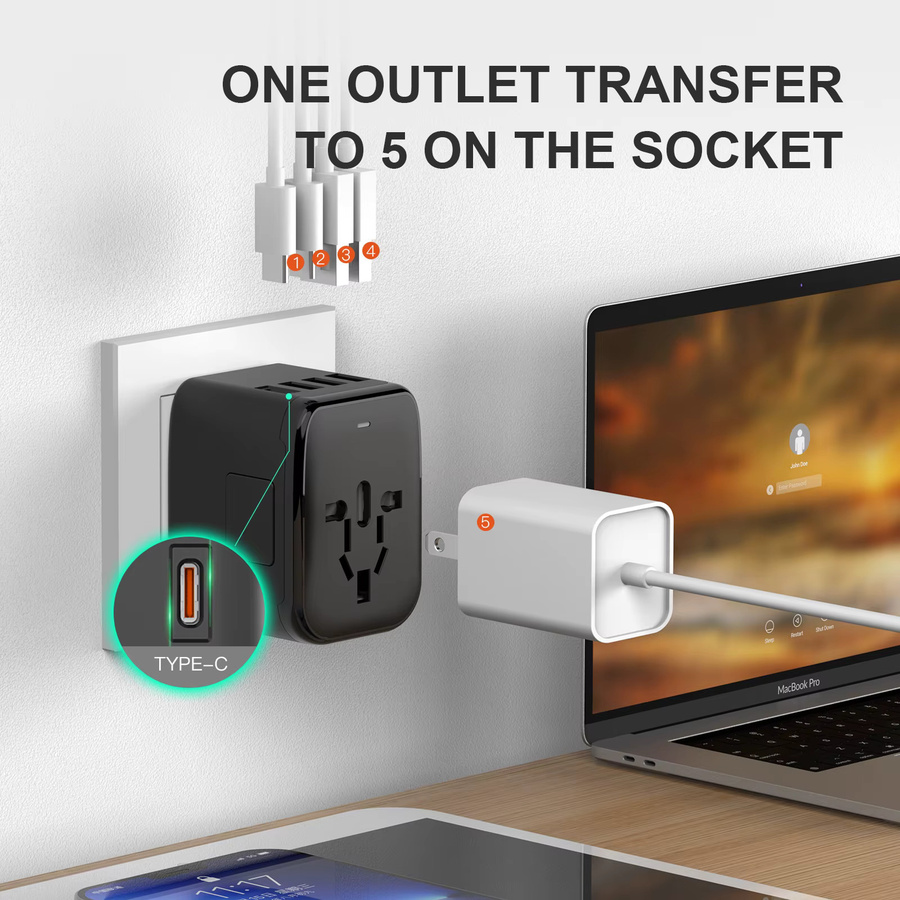 HKLAMIN GaN 20W Schnell-Ladeadapter in Schwarz mit 2 USB-C und 2 USB-A Anschlüssen sowie internationalem Weltweiter Steckeradapter für EU UK US AU - Bild 2