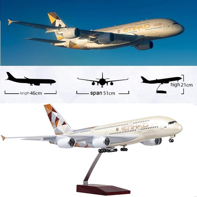 Aviati A380 Etihad Airways Flugzeugmodell, Maßstab 1:160, statisches Kunstharzdisplay, mit Sprachsteuerungslichtern, abnehmbaren Rädern - Bild 1