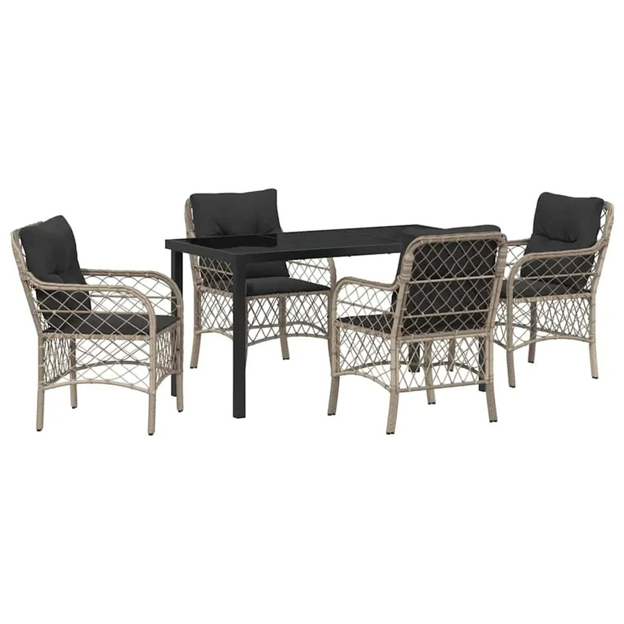 vidaXL Garten Essgruppe aus Poly Rattan mit Glasplatte und Kissen, 5-teilig, Hellgrau-anthrazit - Bild 2