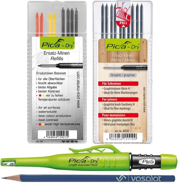 vasalat Pica Dry Marker-Set mit 10 Minen Härte H und 8 Minen Graphit 2B in Rot, Gelb und Grau - Bild 1