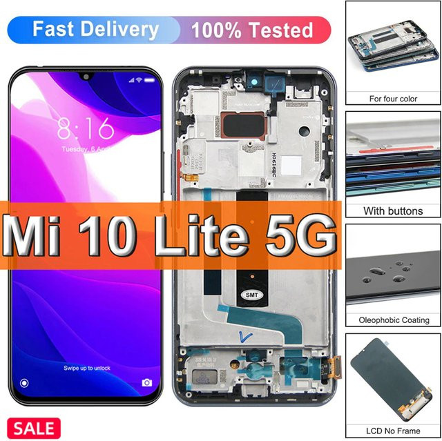 Xiaomi Mi 10 Lite 5G AMOLED LCD-Display Ersatz mit Fingerabdrucksensor in Schwarz für M2002J9G und M2002J9S - Bild 1