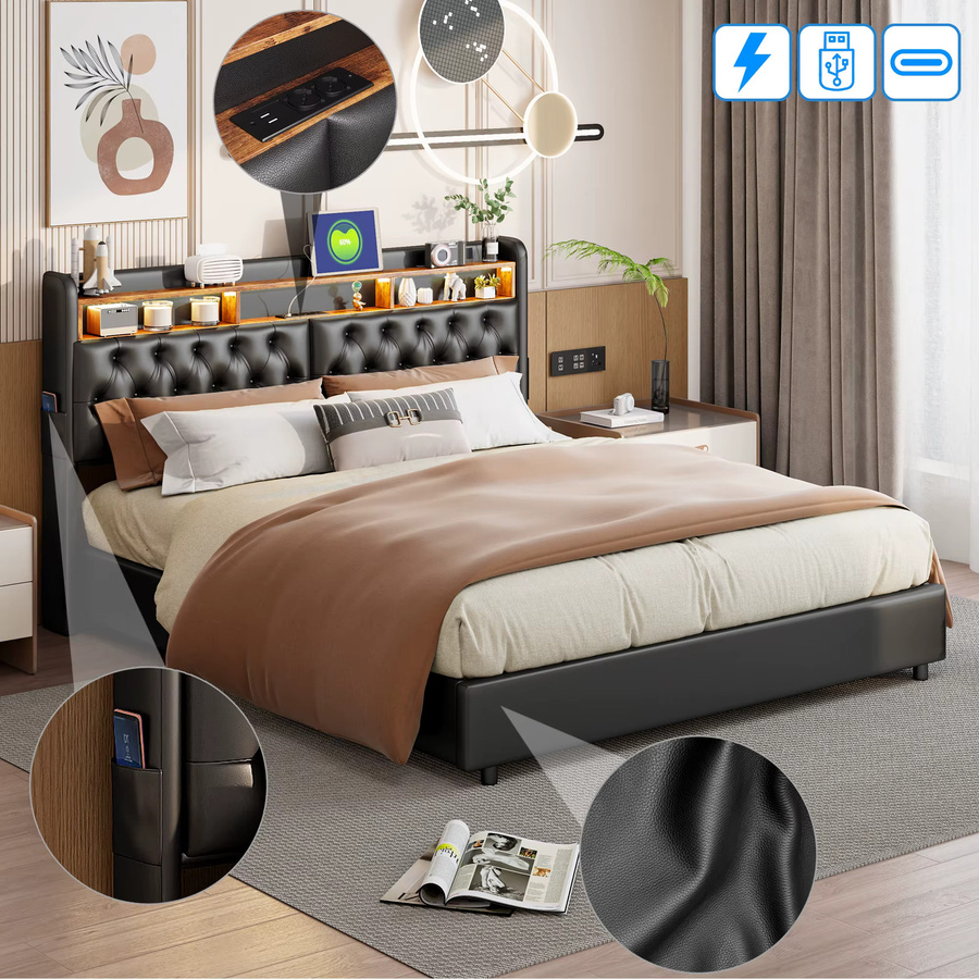 FEEOHOME Polsterbett mit Stauraum in Schwarz, Hydraulisches Doppelbett mit Bettkasten und Lattenrost, B/T: 180 x 200 cm - Bild 5