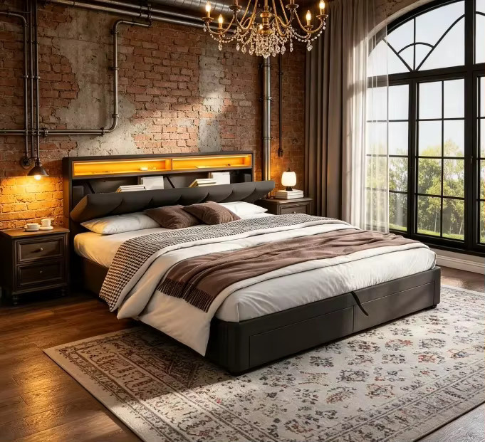 Gepolstertes Polsterbett mit Stauraum und Lift-up-Funktion in Grau, B/T/H: 180 x 200 cm - Bild 1