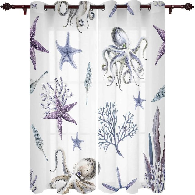 2er-Set Yiran Furniture Vorhänge mit Anker- und Seestern-Motiv in Maritim-Optik, Streifenmuster, halbtransparent, Weiß, B: 75 cm, H: 166 cm - Bild 1
