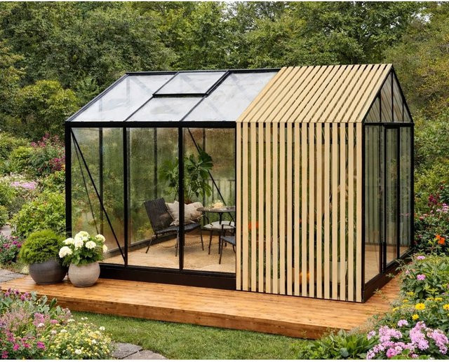 Bloomcabin Premium-Qualität Gewächshaus Accoya-Fusion GHCAF4 in Schwarz mit Sicherheitsglas, Aluminium, Accoya-Holz, integrierten Dachfenstern und Belüftungssystem - Bild 1