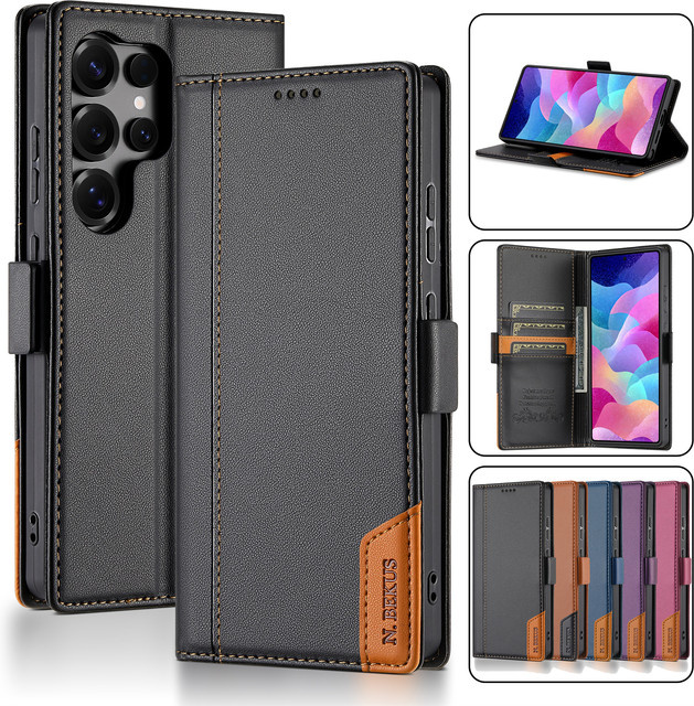 Magnetische Business Flip-Lederhülle als Kartenetui für Samsung Galaxy S26 S25 S24 S23 S22 S21 S20 Note 20 10 9 Ultra Plus in Schwarz oder Blau - Bild 1