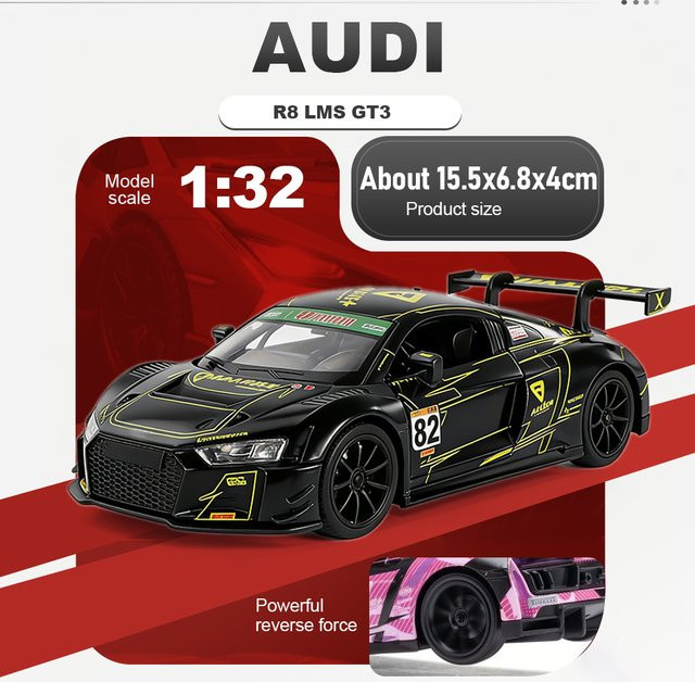 MAKEDA Audi R8 LMS GT3 Nissan GT-R NISOM Supersportwagen, Modellauto, 1:32, mit Sound und Licht, mit öffnenden Türen und Rückziehfunktion - Bild 1