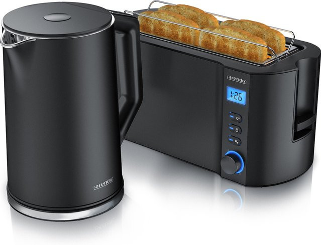 Arendo Frühstücksset bestehend aus einem 1,5 Liter Wasserkocher und einem 4-Scheiben Langschlitz Toaster in Schwarz - Bild 1