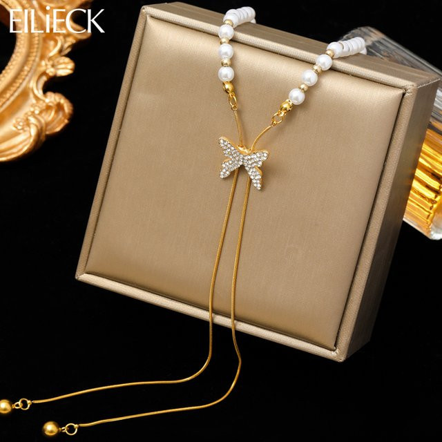 Eilieck Halskette Edelstahl, Schmetterling, Perle, Gold, Damen - Bild 1