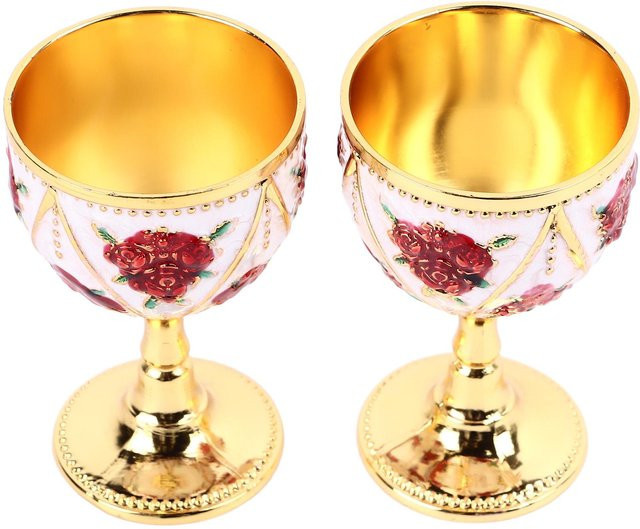Igeteck 2er Set Vintage Metall Weinkelche mit floraler Prägung in Beige und Gold - Bild 1