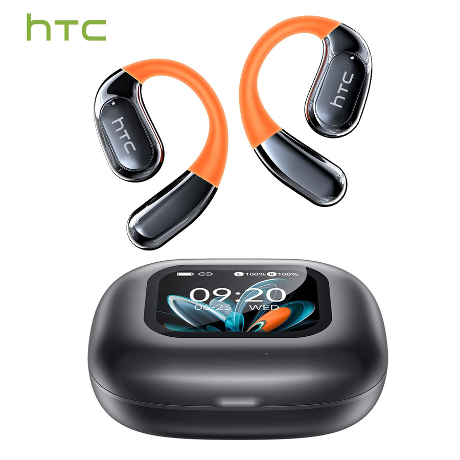 HTC NE27 Kabellose In-Ear Kopfhörer mit Bluetooth 5.4, KI-Übersetzer, leuchtendem Ohrbügel und LCD-Touchscreen, ENC Geräuschunterdrückung, Schwarz-Orange - Bild 1