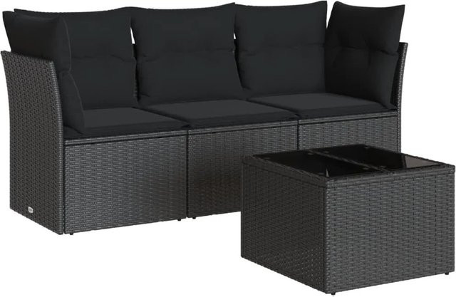 vidaXL 4-tlg Garten-Sofagarnitur in L-Form mit Polsterkissen und Couchtisch, Schwarz, Poly Rattan und Metall - Bild 1