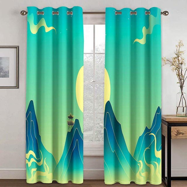 Yiran Furniture Vorhänge mit chinesischem Tinte-Landschaft-Design, halbtransparent, Mehrfarbig, B: 50 cm, H: 130 cm, 2 Stück mit Ösen - Bild 1