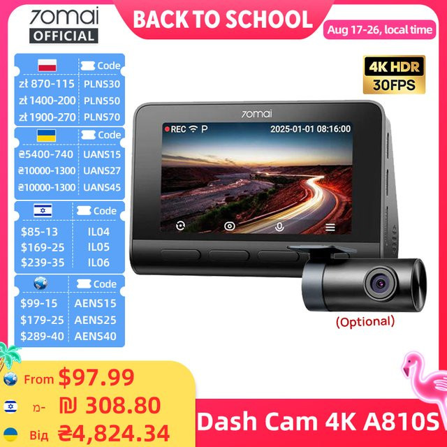 70mai Dashcam A810S 4K UHD mit IMX678 Sensor, Dual HDR, Wi-Fi 6, GPS, ADAS und 4G LTE in Schwarz - Bild 1