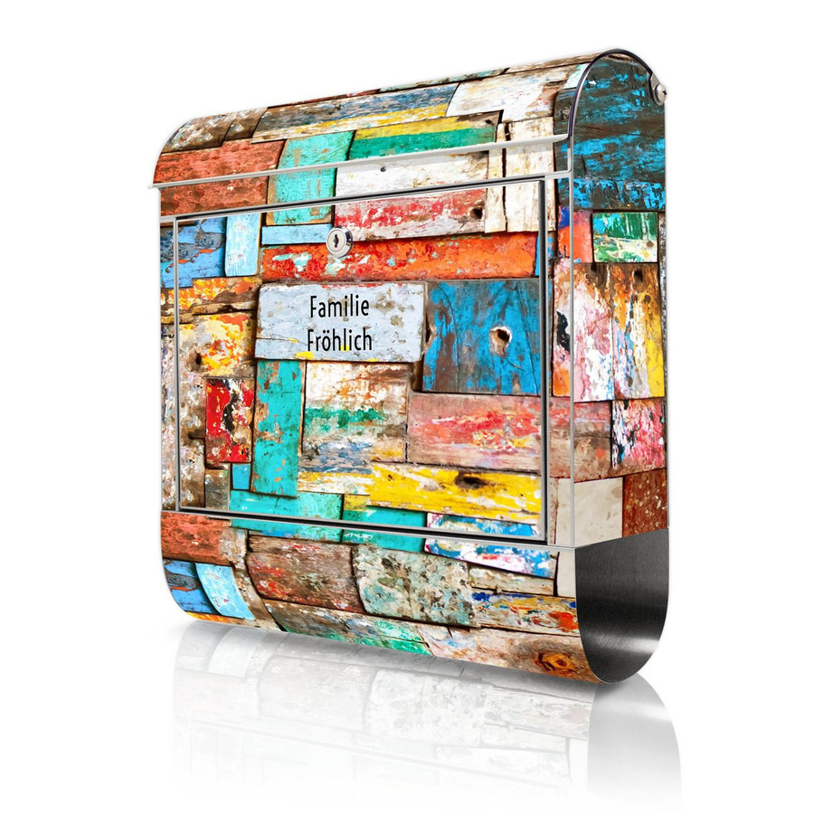 Banjado Briefkasten aus Edelstahl mit Zeitungsbox und Motiv Bunte Holzschindeln, Farbe: Multicolour, B/T/H: 38 x 43 x 12,5 cm - Bild 1