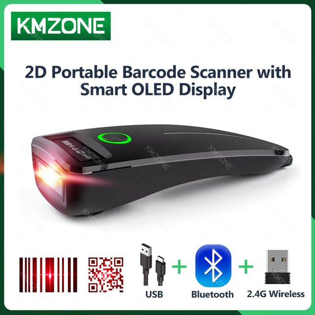KMZONE 2D Mini-Barcode-Scanner Handheld, kabellos via Bluetooth 2.4G oder kabelgebunden via USB, Schwarz, unterstützt QR, PDF417, EAN13 und Data Matrix - Bild 1