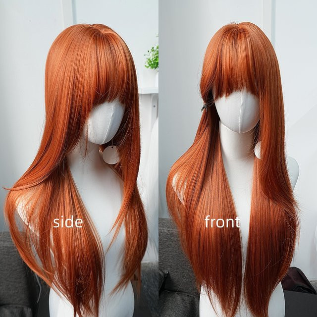 Dunkelorange Perücke mit Pony, 32 Zoll, glatt, hitzebeständig, synthetisch - Bild 1