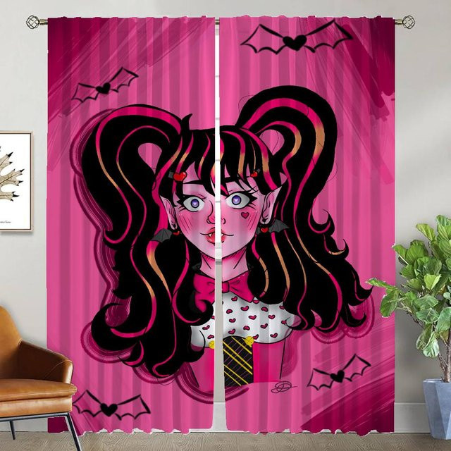 Draculaura Halloween Fenstervorhänge für Schlafzimmer und Raumteiler, 2 Paneele, Farbe: Pink, Breite: 50 cm, Höhe: 70 cm - Bild 1
