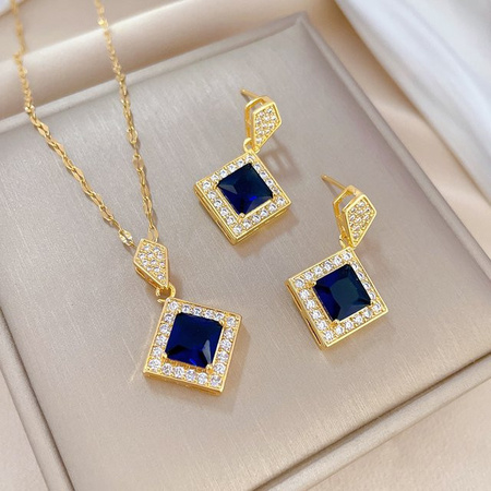 ZAKOL Halskette und Ohrringe-Set, Geometrie-Quadrat, Saphir, Gold, Damen