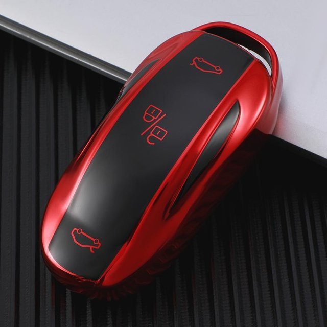 TPU Auto-Smart-Key-Abdeckung mit Schlüsselanhänger für Tesla Modell 3, Modell Y, Modell X und Modell S in Rot - Bild 1