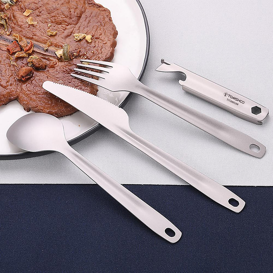 TOMSHOO 4-in-1 Titan-Besteckset in Silber Matt mit Löffel, Gabel, Messer und Flaschenöffner inklusive Aufbewahrungshalter - Bild 2