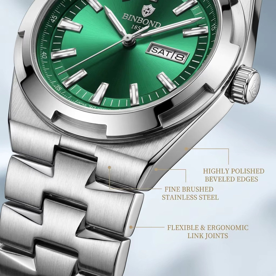 BINBOND Armbanduhr Quarz, Edelstahl, Grün, Silber, Herren - Bild 2