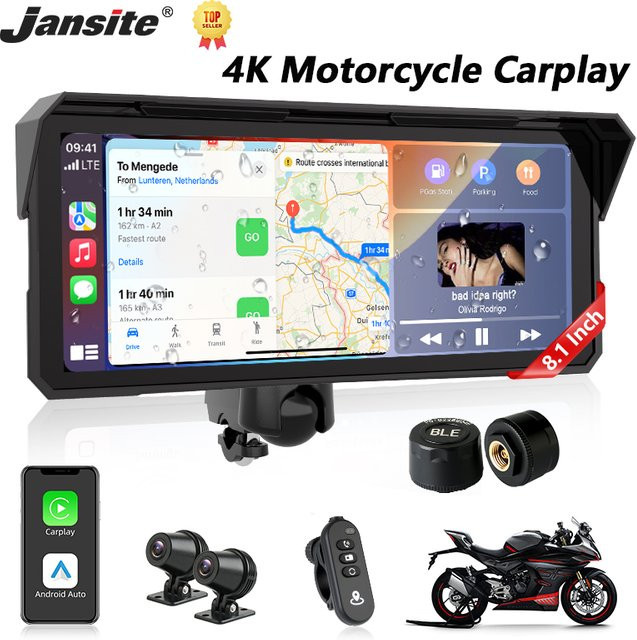 Jansite Motorrad DVR Action Camera mit 8,1 Zoll IPS-Display, 4K UHD Dual Lens, GPS Navigation, IPX7 wasserdicht, Wireless CarPlay und Android Auto in Schwarz - Bild 1