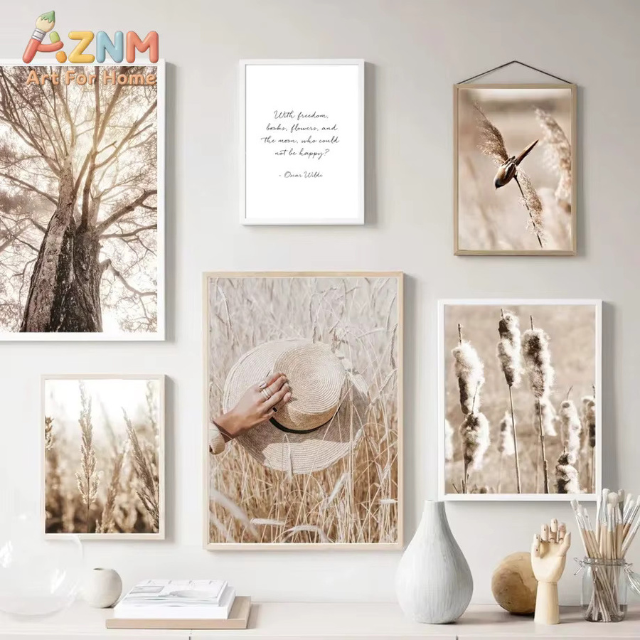 AZNM Modernes Nordisches Leinwand-Poster mit herbstlichem Pflanzen-Motiv in Beige, Rahmenloses Wandgemälde mit abstrakten Blättern - Bild 1