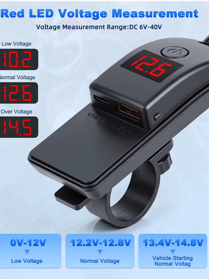 Elektrisches Motorrad-Handy-Ladegerät mit USB-A und USB-C, wasserdicht nach IPX5, 12 V, Schwarz - Bild 7