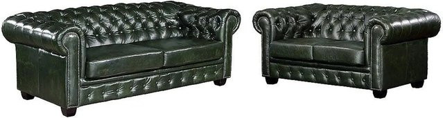 Vente-unique Couchgarnitur Brenton Chesterfield in Piniengrün mit Lederbezug und Punksteppung, Breite: 201 cm, Tiefe: 160 cm - Bild 1