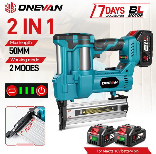 ONEVAN 2-in-1 Bürstenloser Akku-Nagler und -Heftgerät F15-F50 in Blau für Holzmöbeldekoration, kompatibel mit Makita 18V Akku - Bild 1