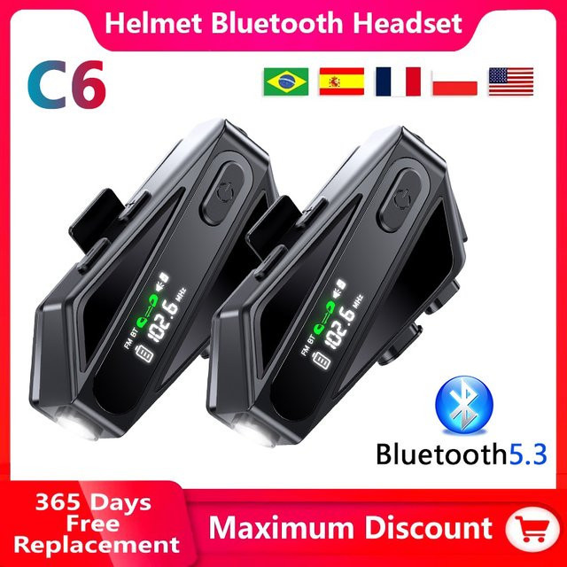 XINOWY C6 Motorrad Helm Bluetooth Intercom Headset mit LED Beleuchtung, FM Radio, CVC Noise Reduction und IPX5 Wasserdichtigkeit in Schwarz - Bild 1