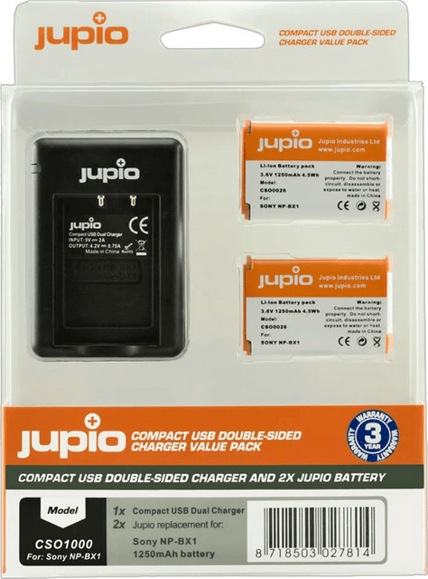 Jupio Akku-Set: 2x NP-BX1 Akkus mit USB Double-Sided Ladegerät in Schwarz - Bild 1