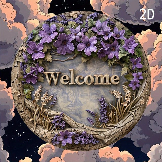 Potdemiel Willkommen Rundes Aluminium-Wandschild mit Blumenmuster, Durchmesser: 19,81 cm - Bild 1