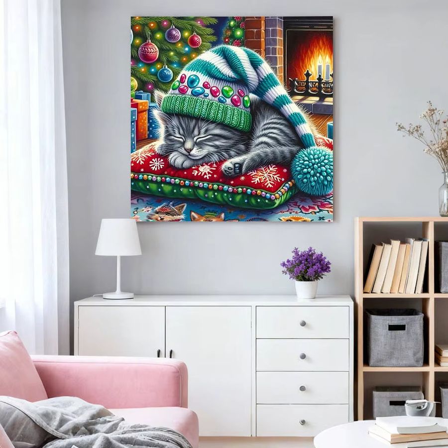 HUACAN 5D Diamantmalerei Katze Weihnachten Rundes Diamant Mosaik Set für Kreuzstich-Dekoration - Bild 3