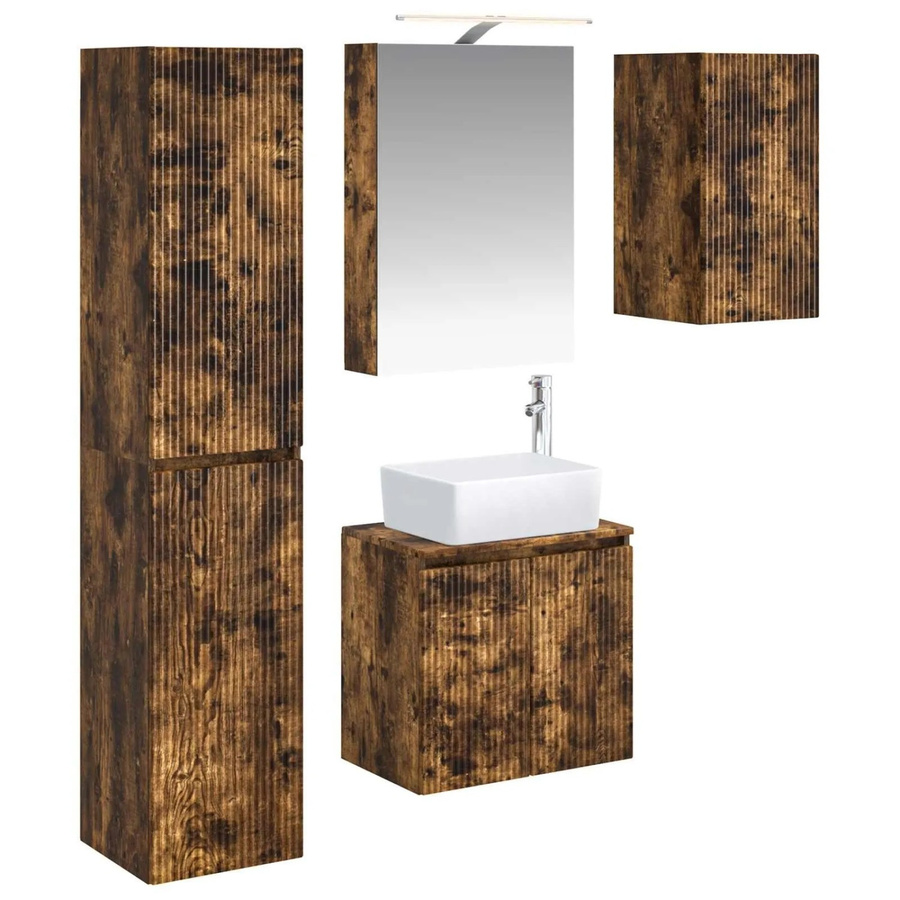 vidaXL Badezimmerschrank-Set 5-teilig aus geräuchertem Eichenholz in Braun, modern mit LED-Beleuchtung, B/T/H: 50 x 14,5 x 70 cm - Bild 2