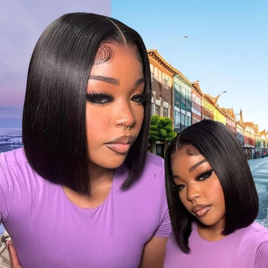 Bob-Perücke aus Echthaar, kurz, glatt, Natur Schwarz, 200 % Dichte, 13x4 HD Lace Frontal, Damen - Bild 4