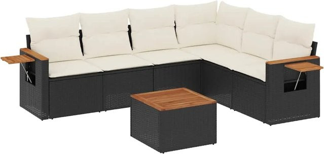 vidaXL 7-teilige Garten-Sofagarnitur in L-Form aus Poly-Rattan und Akazienholz mit Kissen in Schwarz-Creme - Bild 1