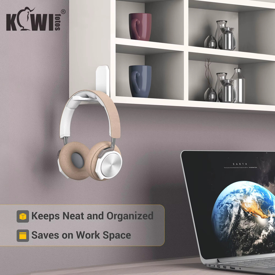 KIWIFOTOS Kopfhörerhalterung für Schreibtisch und Wand, Headset-Ständer mit Klebehalterung, Schwarz oder Weiß - Bild 3