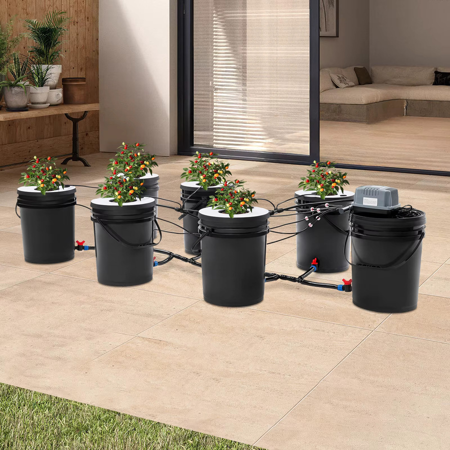 Bymaocar Hydroponisches Eimer-Set für Tiefwasserkultur in Schwarz mit 7 Pflanzeneimern à 20 l und Luftpumpe für den Anbau von Erdbeeren und Salat - Bild 2