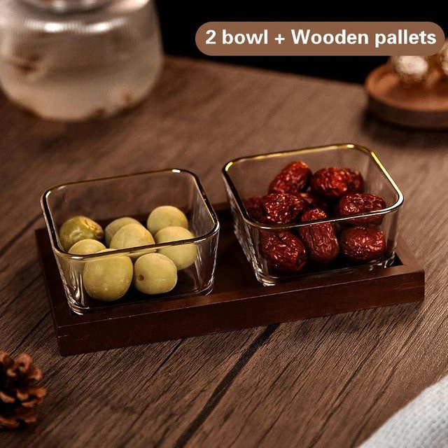 Transparentes Snacktablett aus Glas und Metall in Gold mit Deckel für Obst, Süßigkeiten und Nüsse - Bild 1