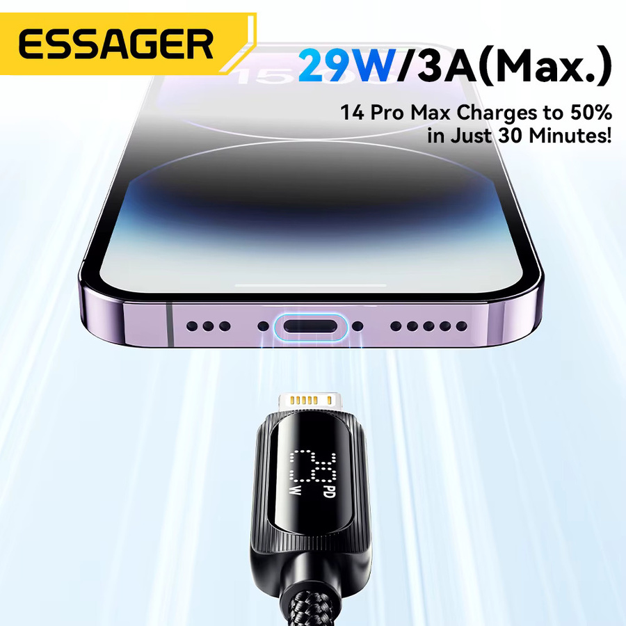 ESSAGER USB-C auf Lightning Schnellladekabel 29W in Schwarz für iPhone 14 13 12 11 Pro XS 8 Datenkabel - Bild 3