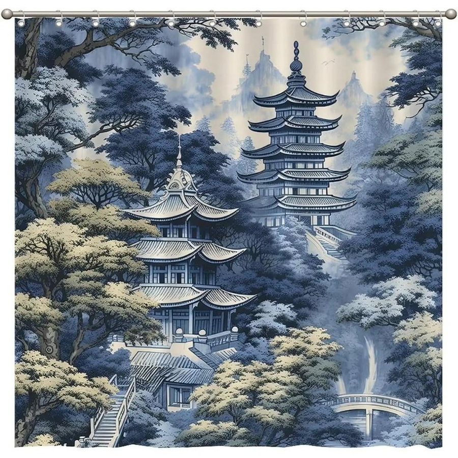 Duschvorhang Yiran Furniture im Chinoiserie-Stil mit asiatischem China-Garten Motiv in Aqua Teal Blau, Breite: 90 cm, Höhe: 180 cm - Bild 1