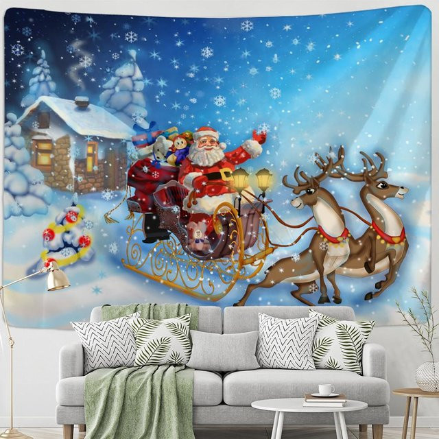 Wandteppich Verschneite Nacht Landschaft im Boho-Stil, Blau, B: 95 cm, H: 70 cm - Bild 1