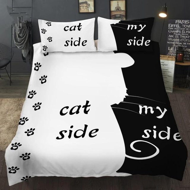 Bettwäsche-Set Your Warm Home mit Hund und Katze Motiv in Schwarz-Weiß, 3-teilig aus Mikrofaser, B/H: 140 x 200 cm - Bild 1